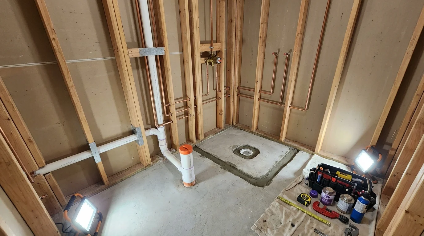 Bathroom rough-in plumbing during remodel by Johns Plumbing LLC in Osseo