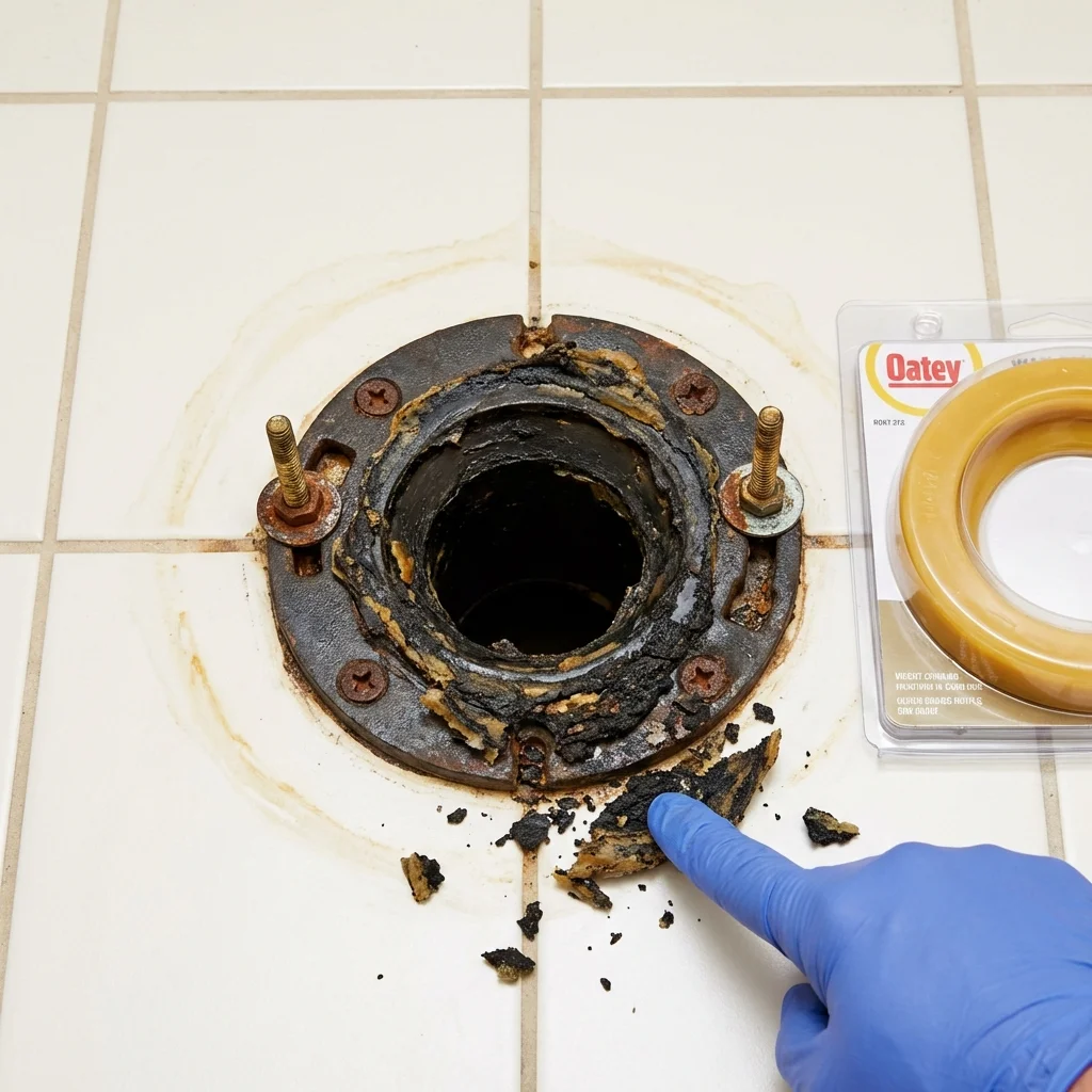 Failed wax ring showing water seepage at the base of a toilet in a Osseo, WI home