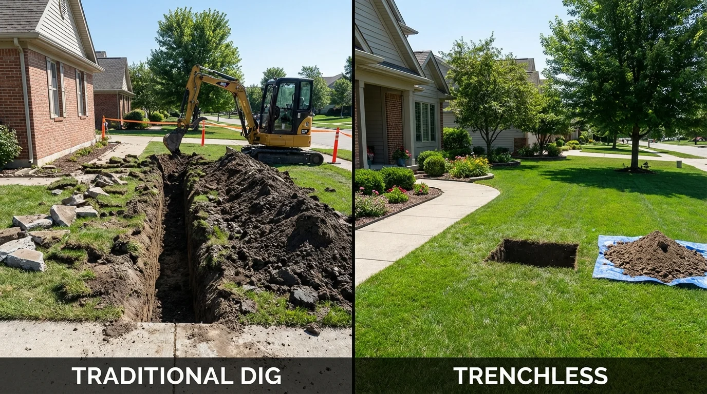 Trenchless sewer repair with minimal yard damage versus traditional excavation in Osseo, WI