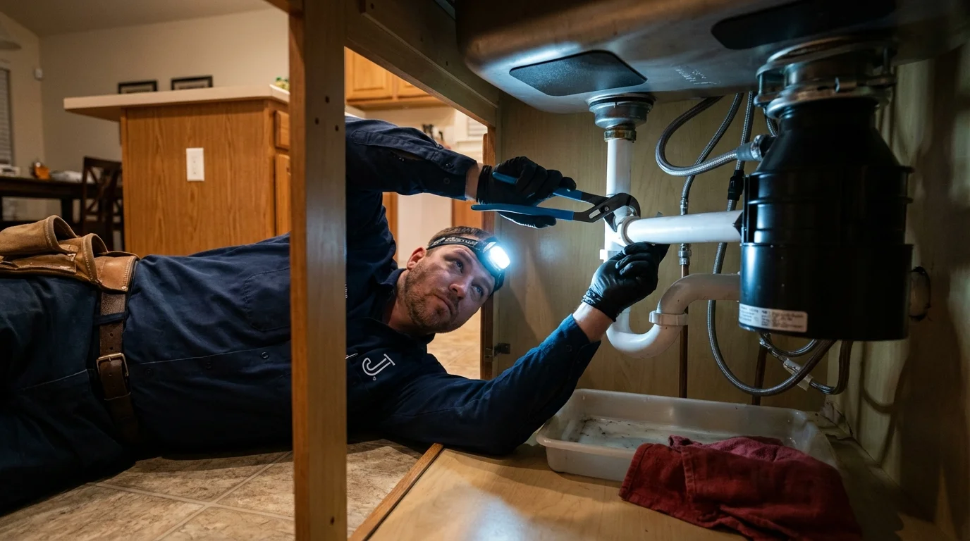 P-trap and supply line connections under a kitchen sink showing a common leak point in Osseo, WI